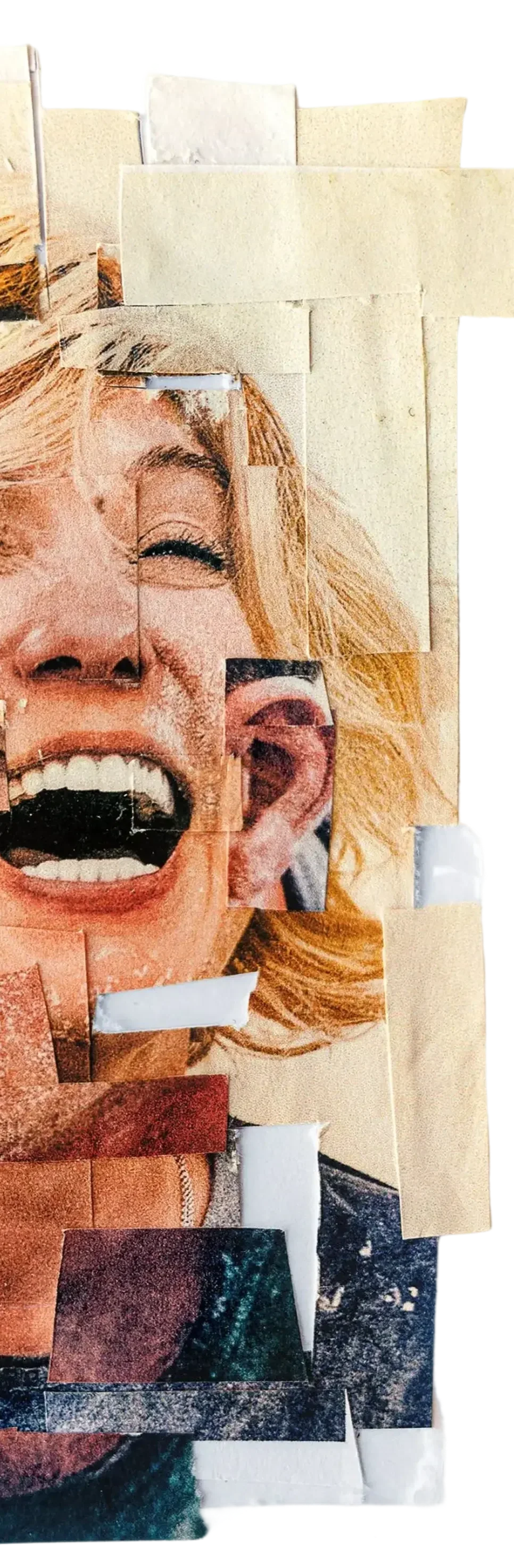 Collage of torn magazine or newspaper pages forming a smiling woman's face with blonde hair, closed eye, and open mouth.