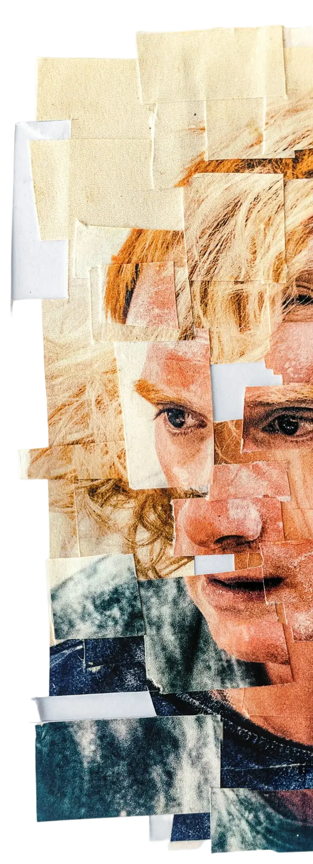 Collage of various fragmented images forming a human face, including sections of a person's eye, nose, lips, and hair, created with torn paper pieces.