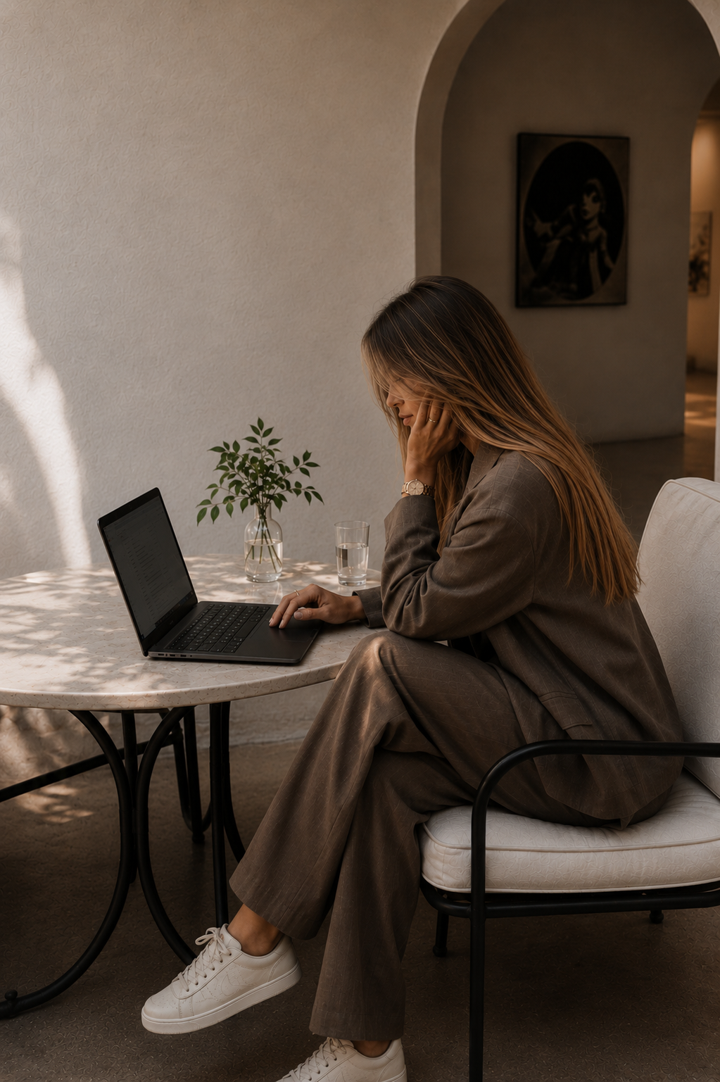 Woman at a coffee shop working on her laptop and sitting on a chair