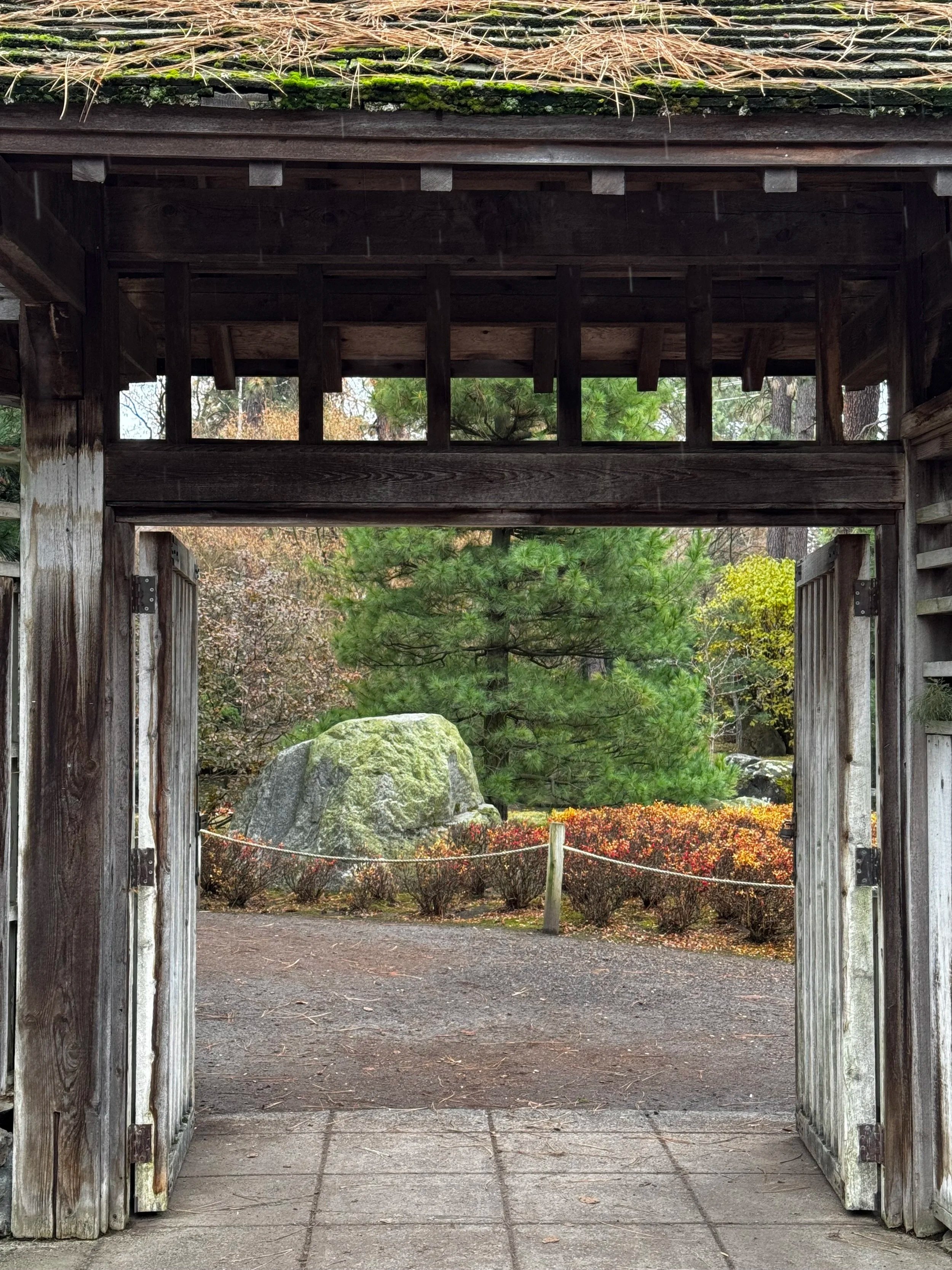 View through a traditional Japanese wooden gate into a garden with green trees, bushes, large rocks, and autumn-colored foliage, with gravel and concrete paving on the ground.