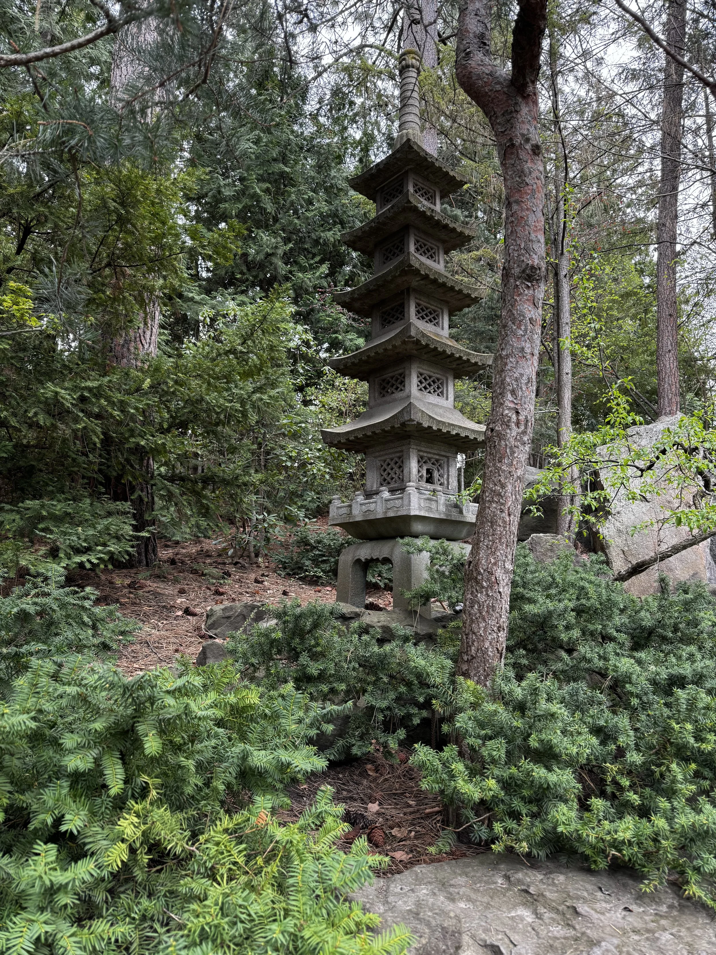 A traditional Japanese stone pagoda surrounded by green trees and shrubs in a forest setting.