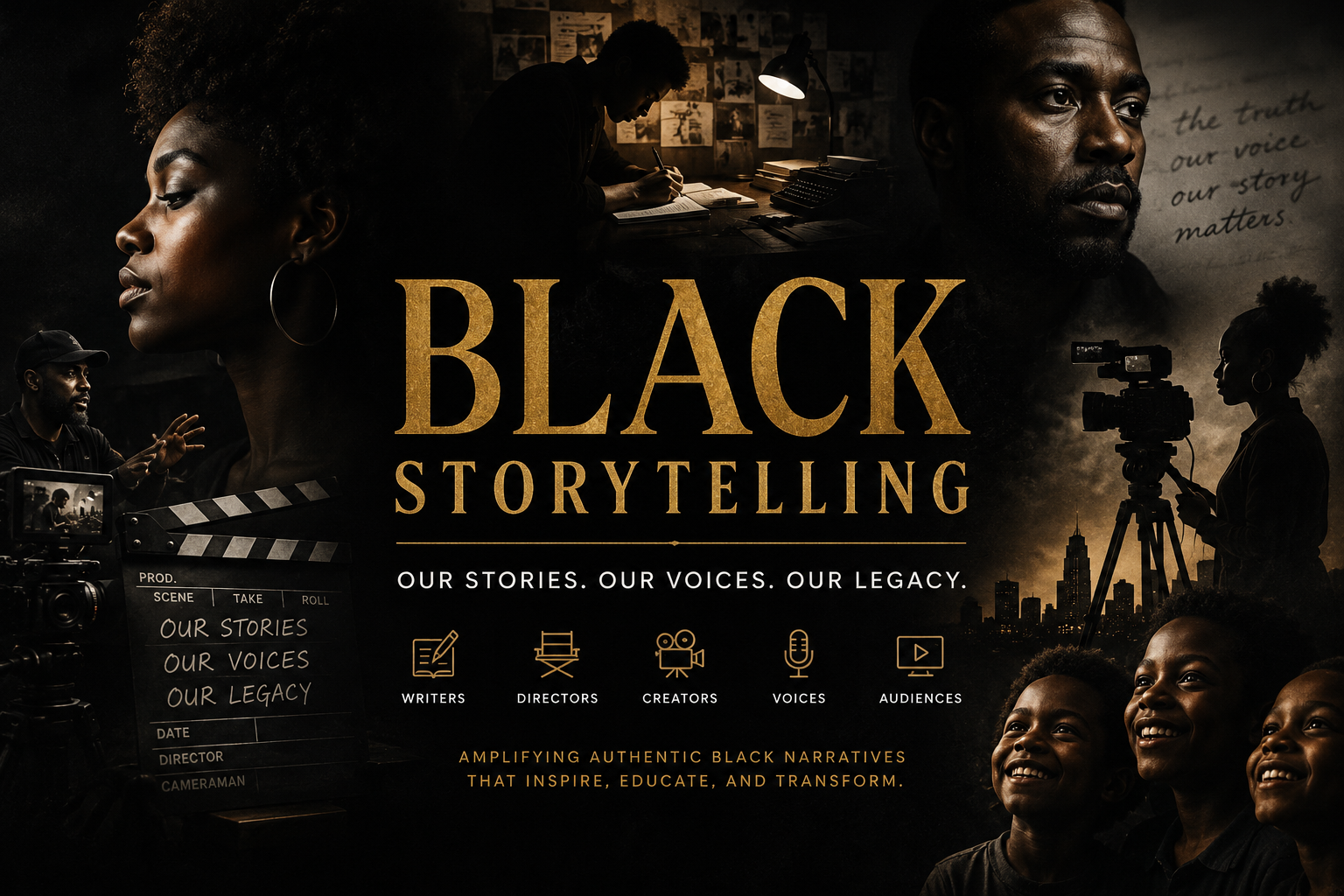 A promotional poster for a documentary or event titled 'Black Storytelling,' featuring portraits of Black individuals involved in storytelling and film production, silhouettes of a woman filming with a camera and a man speaking, a cityscape skyline, and children smiling. The poster includes symbols for writers, directors, creators, voices, and audiences, with the tagline 'Our stories. Our voices. Our legacy.' and the phrase 'Amplifying authentic Black narratives that inspire, educate, and transform.'