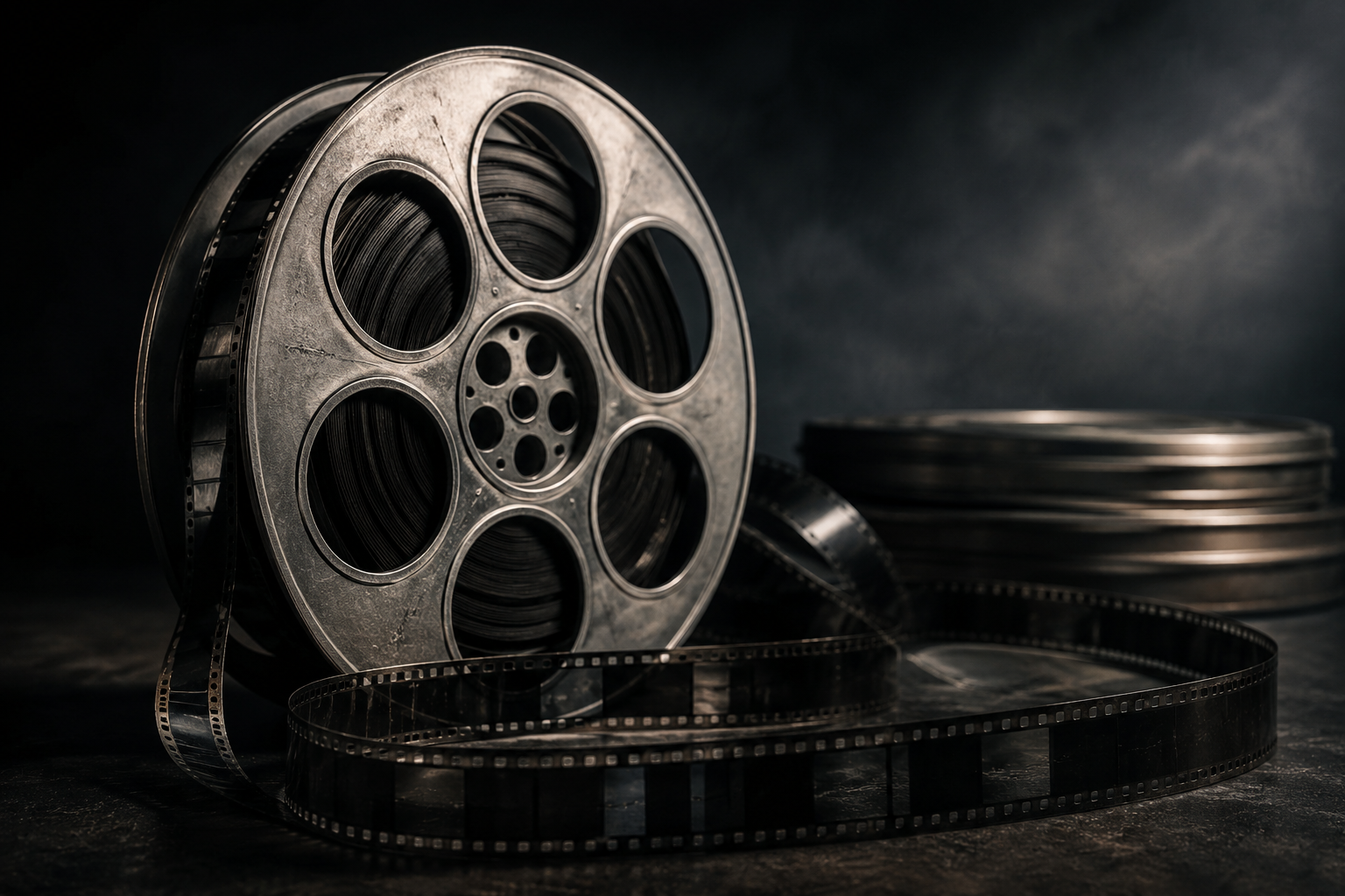 Film reel with blank film strip in a dark setting.