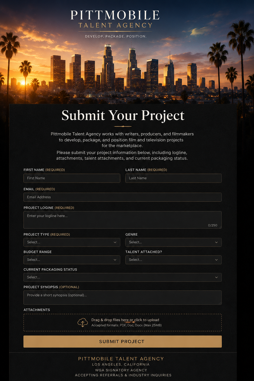 Online form for submitting a project to Pittmobile Talent Agency, with a Los Angeles city skyline at sunset in the background.