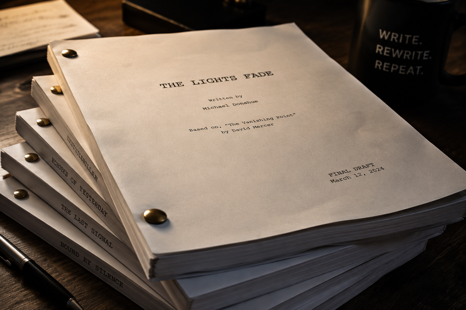 A large stack of scripts and storyboards on a wooden desk, with the top sheet titled 'The Lights Fade' and marked as a final draft dated March 12, 2024. In the background, there is a black mug with the words 'Write. Rewrite. Repeat' and a black pen is resting on the desk.