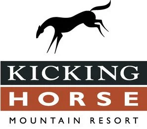 Logo of Kicking Horse Mountain Resort featuring a black running horse above the text.