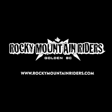 Logo for Rocky Mountain Riders with a mountain and leaf graphic, and text promoting Golden, BC, and their website.
