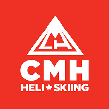 Logo with a mountain, the letters LA, and text 'CMH Heli Skiing' on a red background