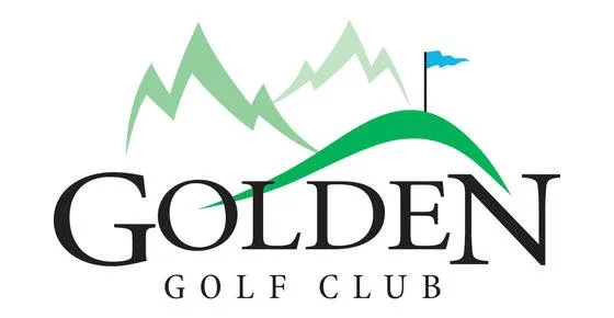 Logo of Golden Golf Club featuring stylized mountains, a green hillside, a blue flag on a golf hole, and the text 'Golden Golf Club' in black.