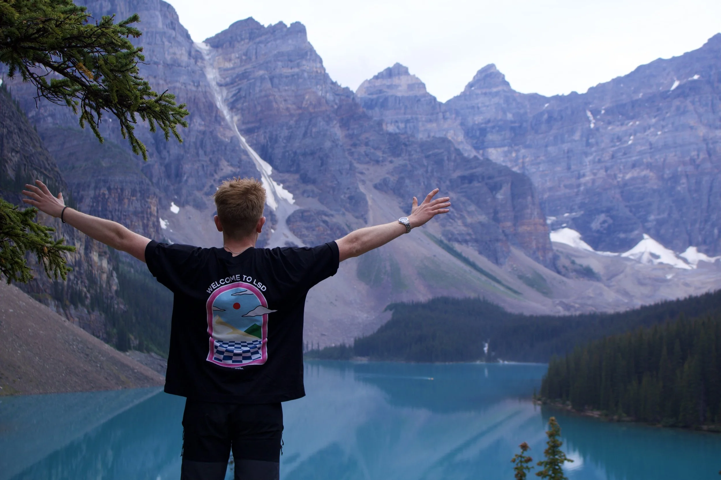 Person with arms outstretched facing a mountain landscape with a lake, evergreen trees, and rugged peaks.