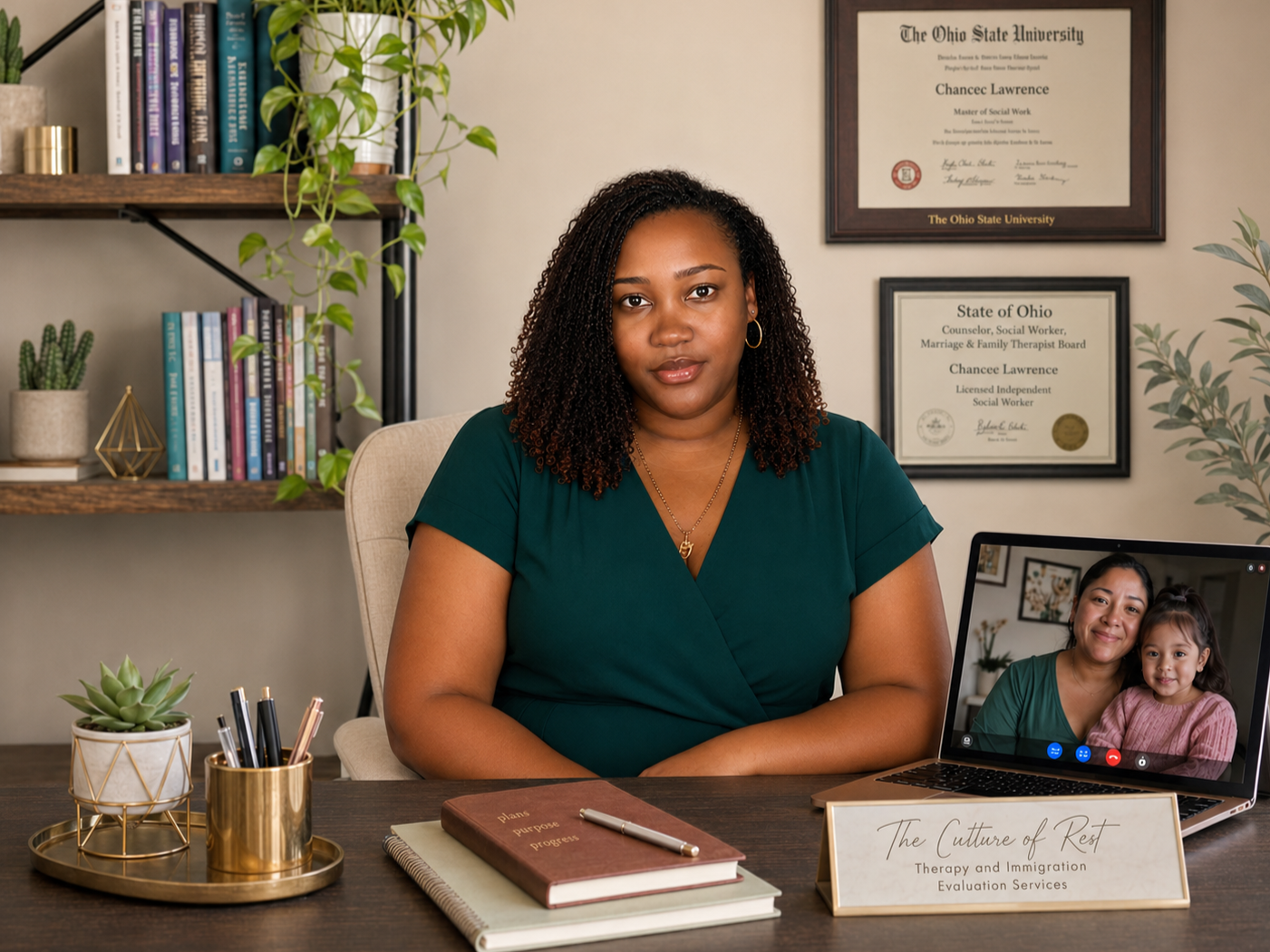 A woman with shoulder-length curly hair and gold hoop earrings sitting at a desk during a video call with a smiling woman and young girl on the laptop screen, in an office with framed diplomas on the wall, a bookshelf with books and plants, a gold geometric decor piece, a potted succulent, a gold pen holder, and a sign that reads "The Culture of Rest Therapy and Immigration Evaluation Services."