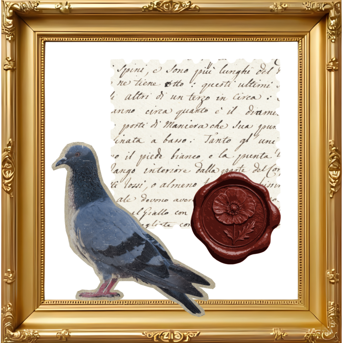 An ornate gold picture frame with a collage inside, including a vintage handwritten letter, a paper cutout of a pigeon, and a red wax seal with a flower design, resembling a carrier pigeon.