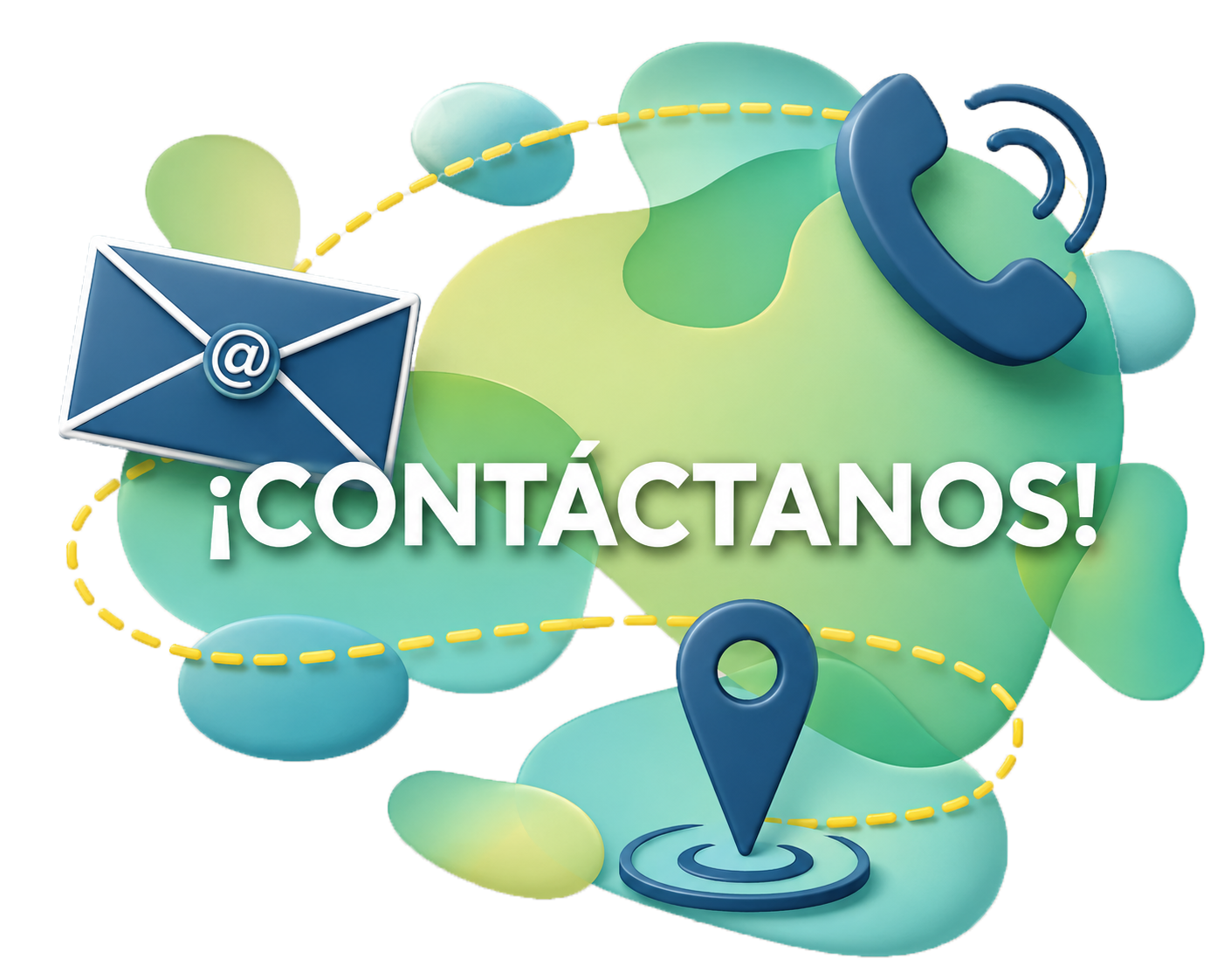 Graphic with an envelope icon, a telephone receiver, a location marker, and the Spanish phrase "¡Contáctanos!" in white text, surrounded by abstract green and blue shapes.
