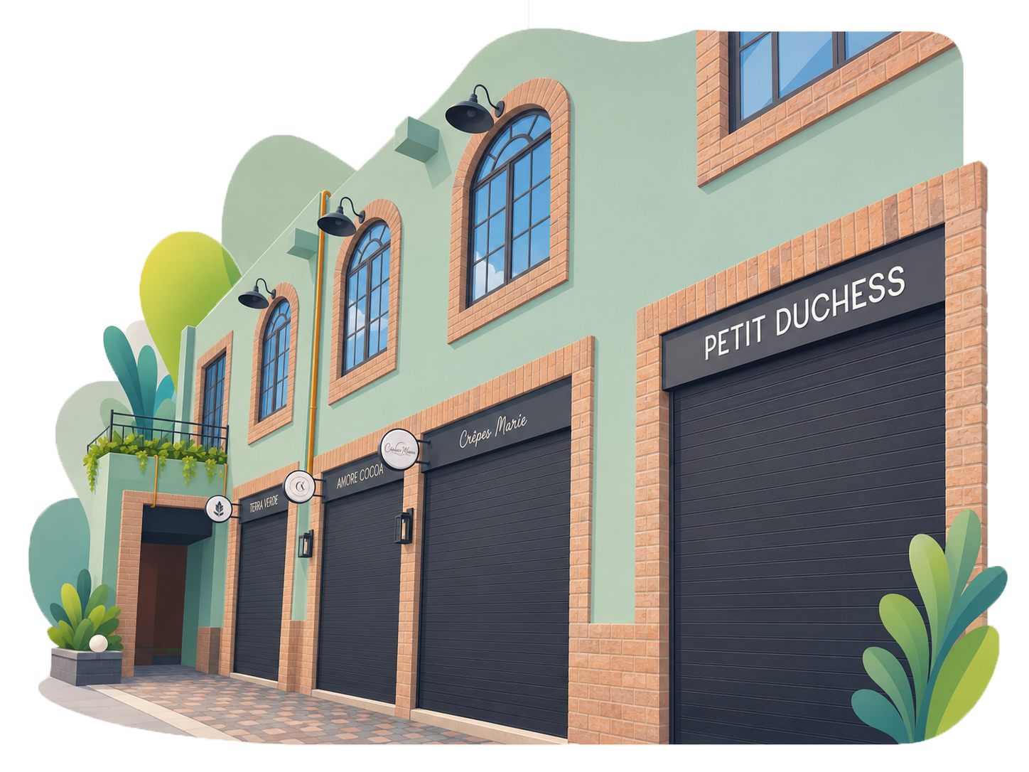 Colorful storefront with black rolling shutters, green walls, brick frames, and arched windows. Signs read 'Tierra Verde,' 'Amore Cocoa,' 'Crepes Marie,' and 'Petit Duchess.' Decorative plants and a small balcony are also visible.
