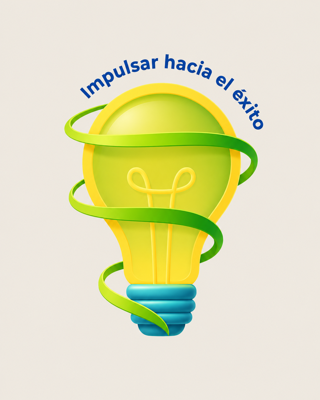 A colorful illustration of a lightbulb with green and yellow accents and a green swirl wrapping around it, with the Spanish text 'Impulsar hacia el éxito' above it.