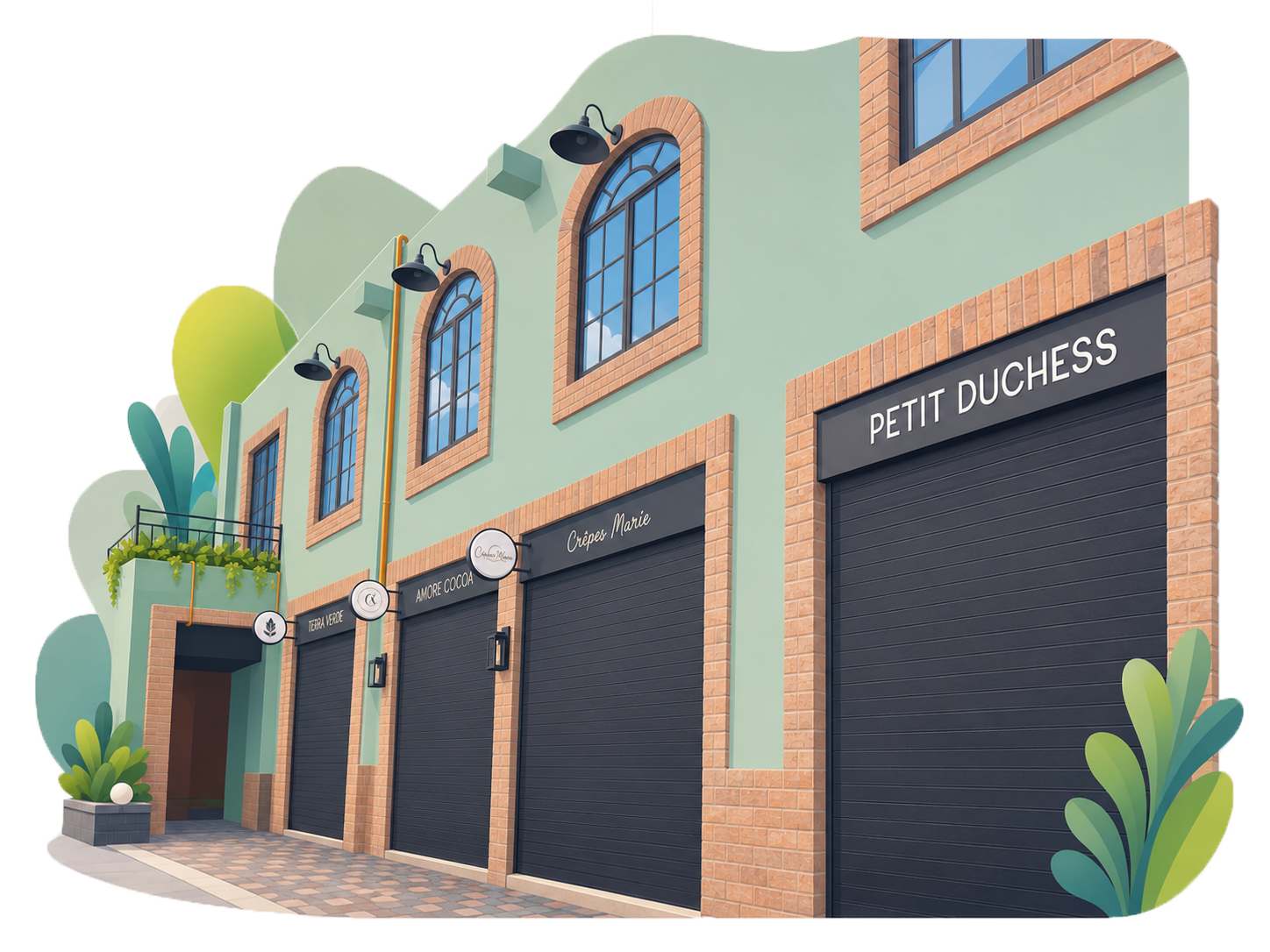 Colorful building facade with blue arched windows, black roll-up doors, and signs reading 'Terra Verge,' 'Amore Cocoa,' 'Crêpes Marie,' and 'Petit Duchess.' Green plants and trees surrounding the building.