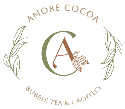 Logo for Amore Cocoa featuring a stylized letter A surrounded by leaves and the text 'Amore Cocoa Bubble Tea & Croffles'.