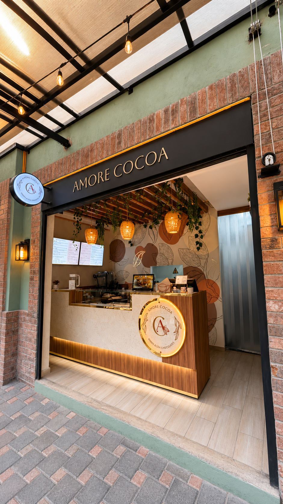 Vista frontal del local llamado Amore Cocoa, con paredes decoradas con ilustraciones de hojas y faroles de mimbre colgando del techo.