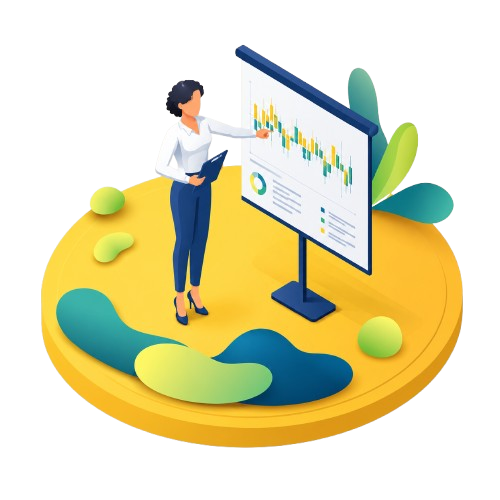 Ilustración de una mujer de negocios presentando gráficos financieros en una pantalla digital sobre un fondo colorido y abstracto.