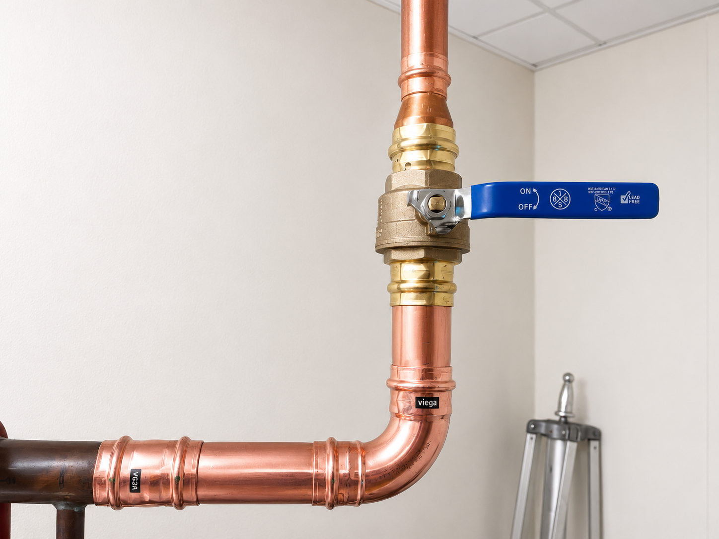Precision workmanship and quality materials are the foundation of every successful plumbing system. This commercial water installation features professionally installed copper piping, press fittings, and a full port isolation valve.