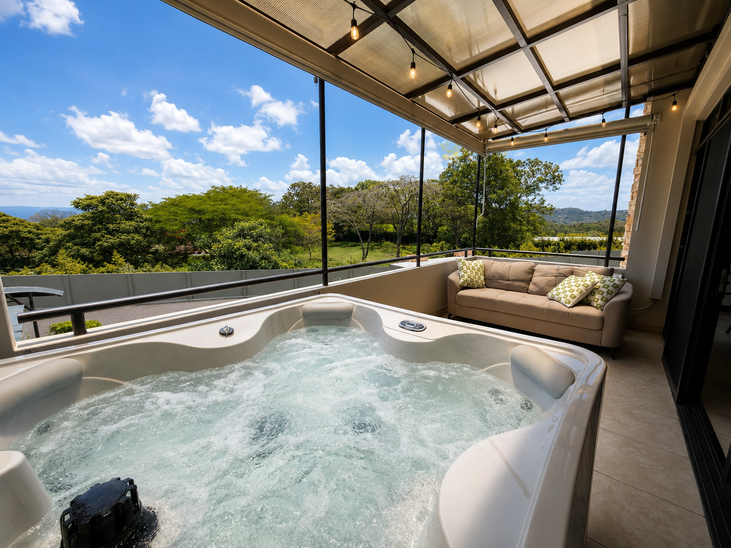 Outdoor balcony with hot tub, beige cushioned sofa with pillows, surrounded by lush green trees and a partly cloudy blue sky.