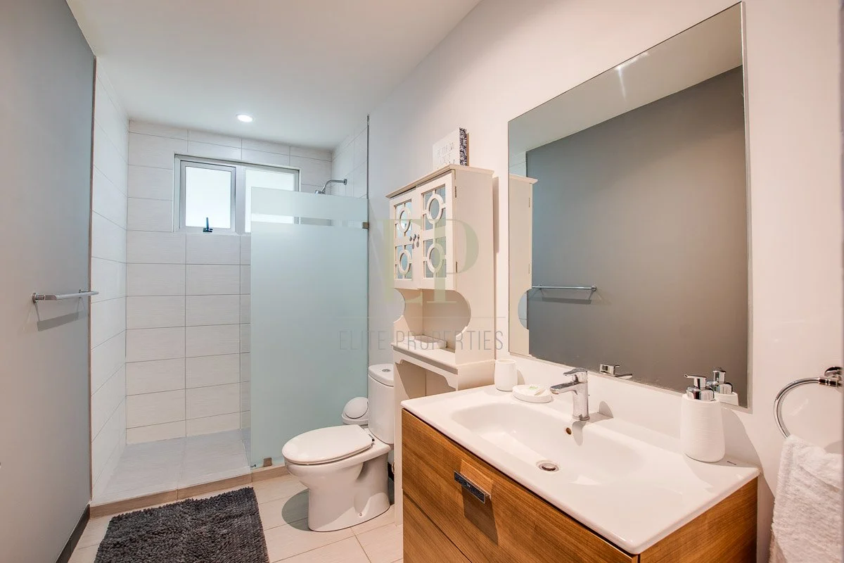 Modern bathroom with a walk-in shower, toilet, large mirror, white sink with wooden cabinet, small storage shelf, and small window.