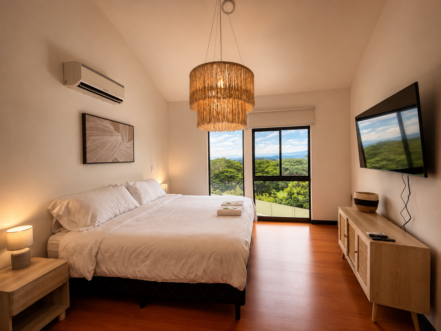 A cozy bedroom with a large bed covered in white linens, a wooden nightstand with a small lamp, a decorative wall art above the bed, a modern woven chandelier hanging from the ceiling, a flat-screen TV on the wall, a wooden TV stand with remote contr