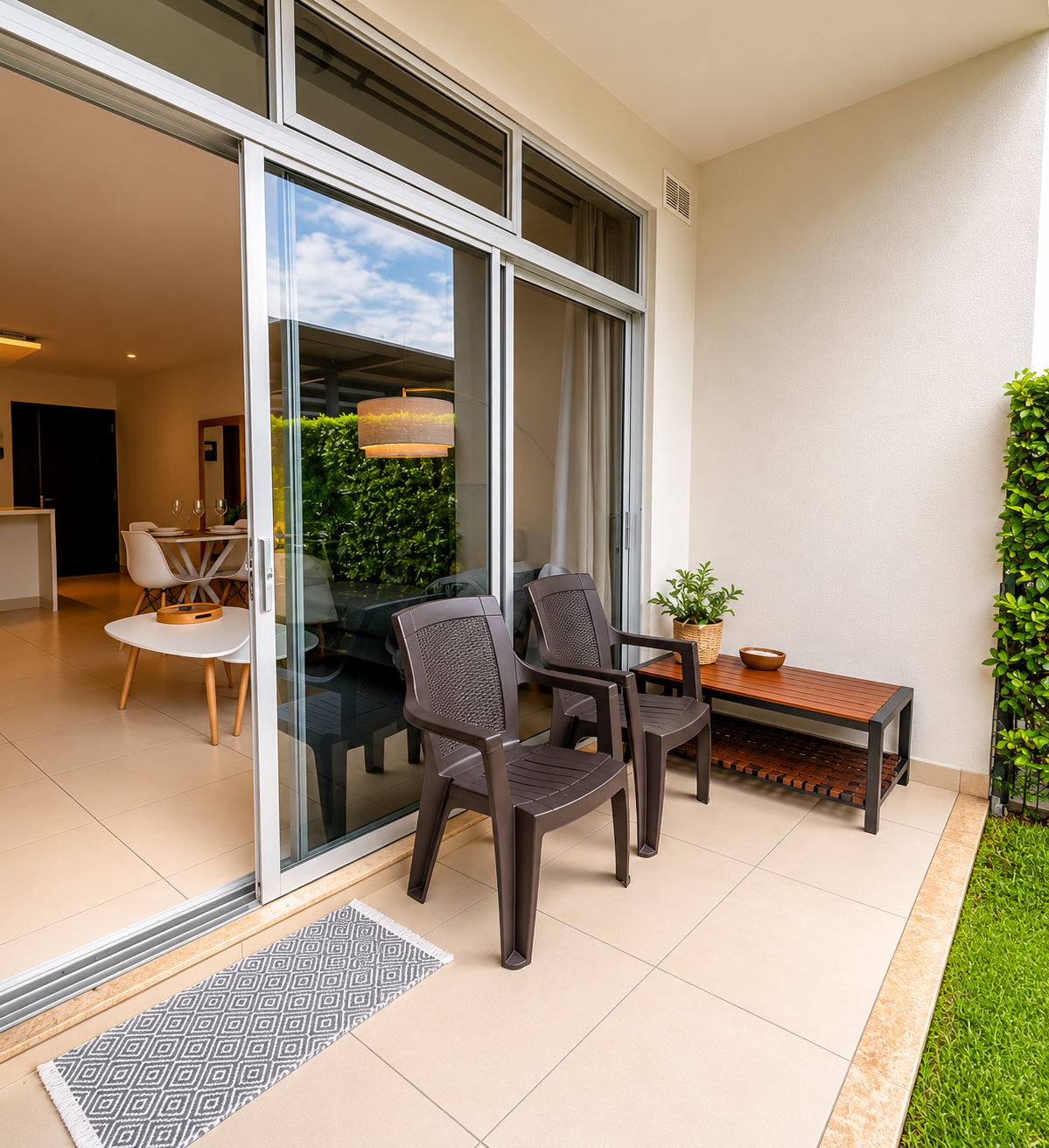 Outdoor patio with two brown plastic chairs, a small wooden table with potted plant and bowl, next to a sliding glass door leading to a dining area with a round table and four white chairs inside.