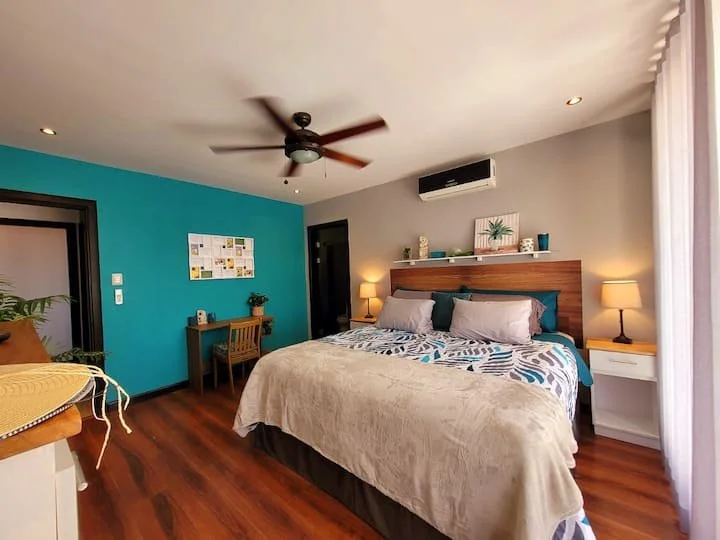 Bedroom with a bed, nightstands, lamps, a blue accent wall, a ceiling fan, and a window with curtains.