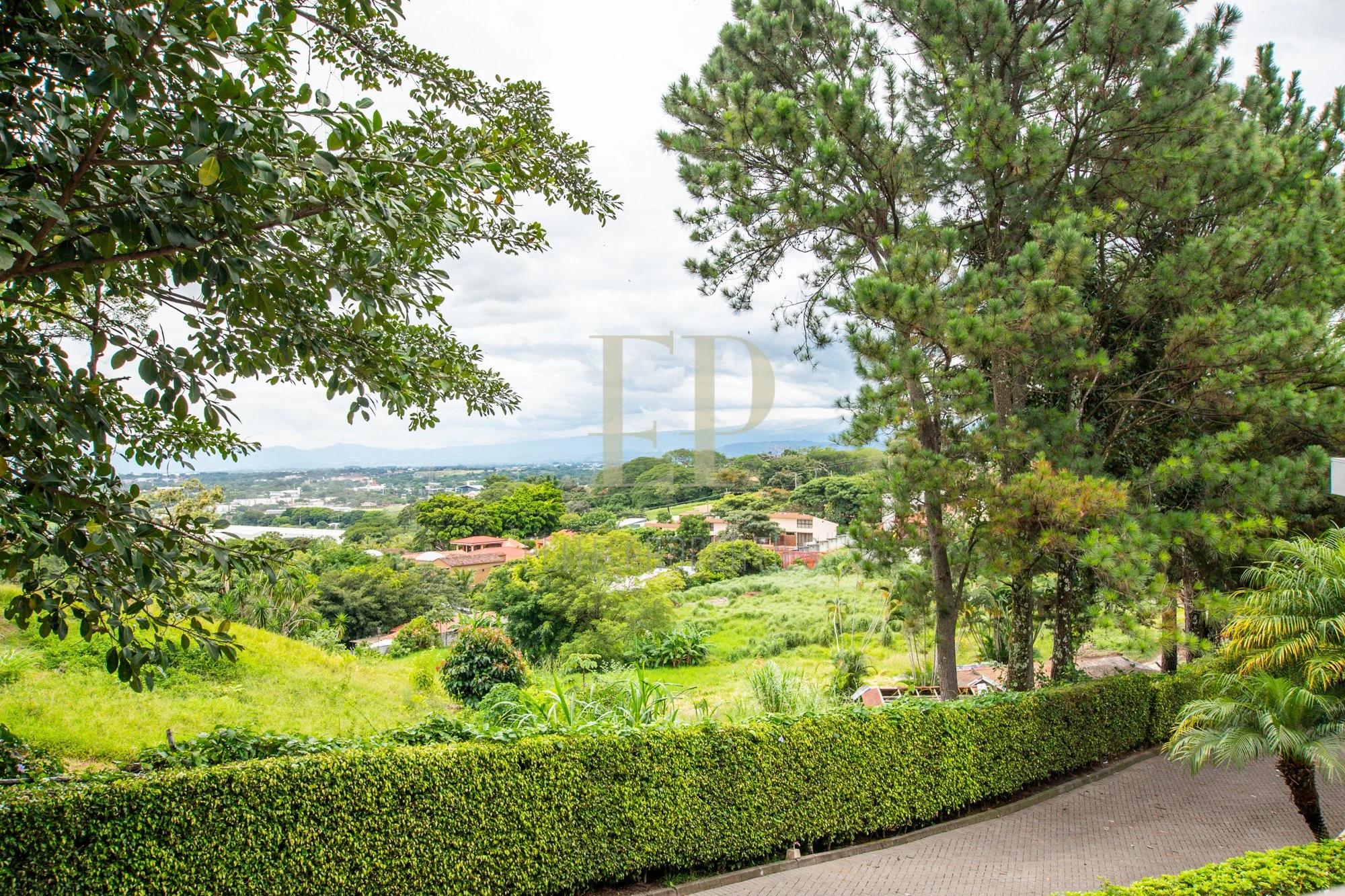 A scenic view of a lush, green landscape with various trees, shrubs, and a distant cityscape under a cloudy sky.