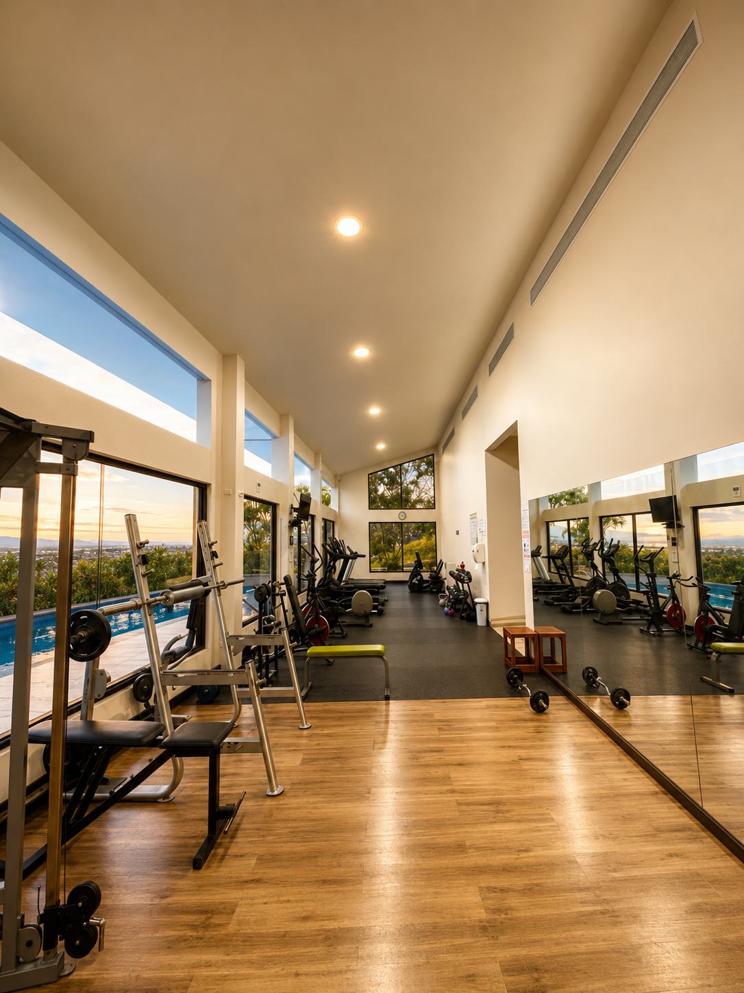 Empty gym with exercise machines, weights, and cardio equipment near large windows showing an outdoor sunset.