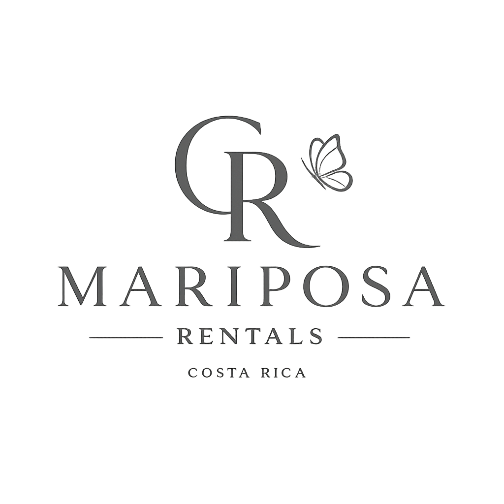 Logo for Mariposa Rentals in Costa Rica featuring a butterfly and the initials 'CR' in a stylish font.
