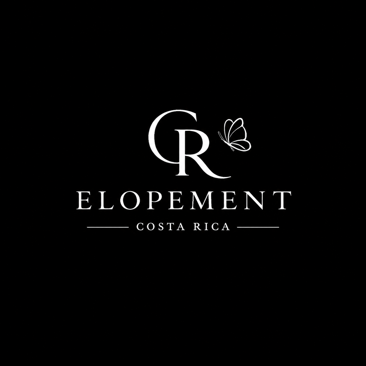 Black background with white logo featuring intertwined 'C' and 'R' letters, a butterfly, and the text 'Elopement Costa Rica'.