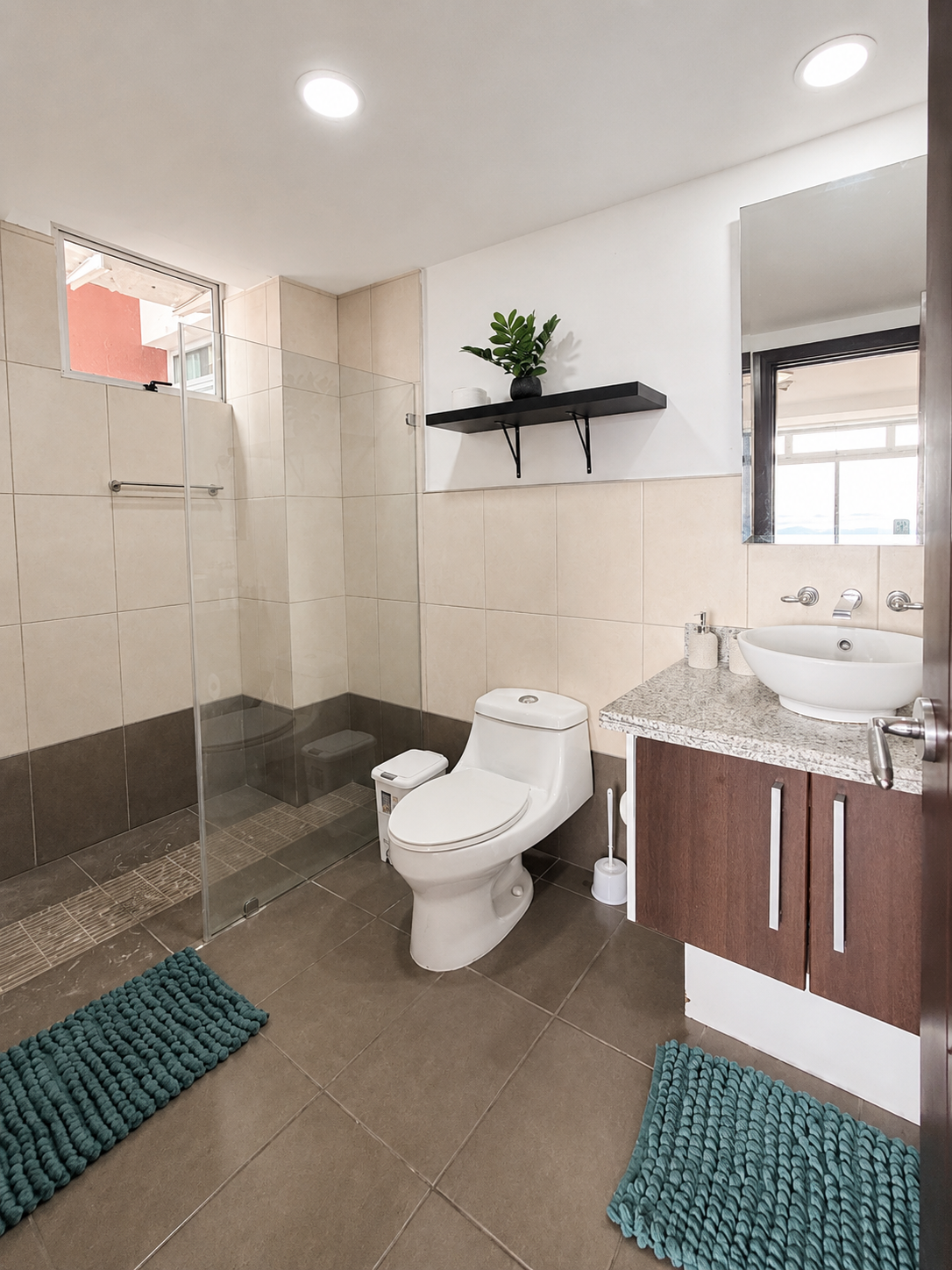 Modern bathroom with a walk-in shower with glass partition, toilet, granite countertop with vessel sink, mirror, and a small shelf with a potted plant, blue rugs on the tiled floor, and a window letting in natural light.