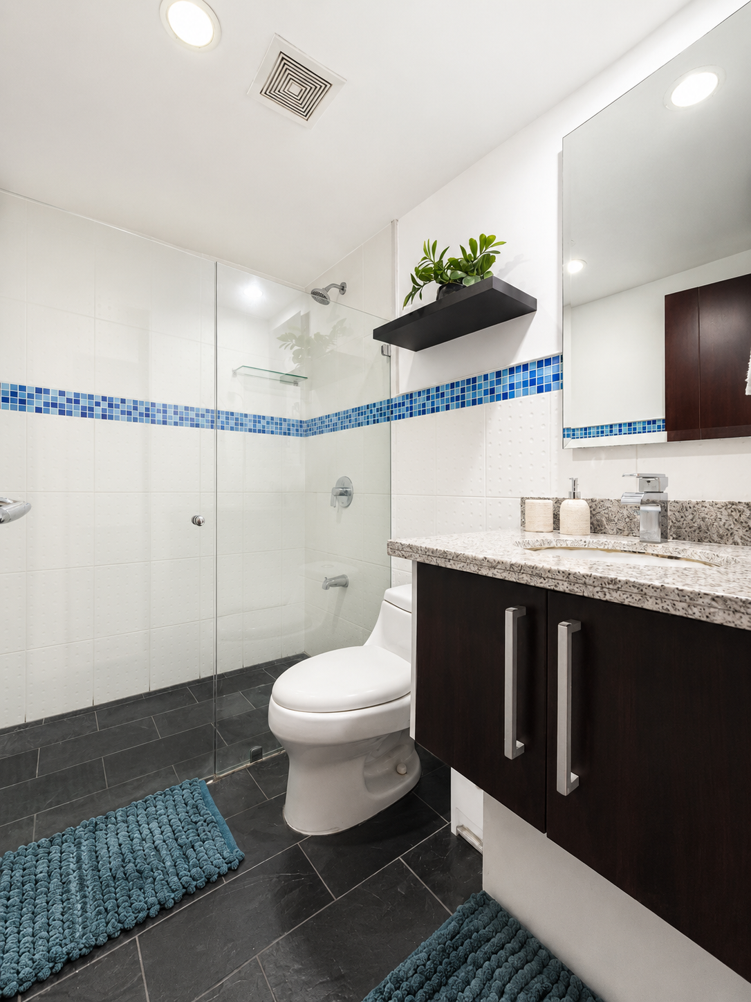 Modern bathroom with white walls and black tile flooring, a shower with glass door, a toilet, a granite countertop with a dark wooden cabinet, a large mirror, a potted plant on a black shelf, and blue towels on the floor.
