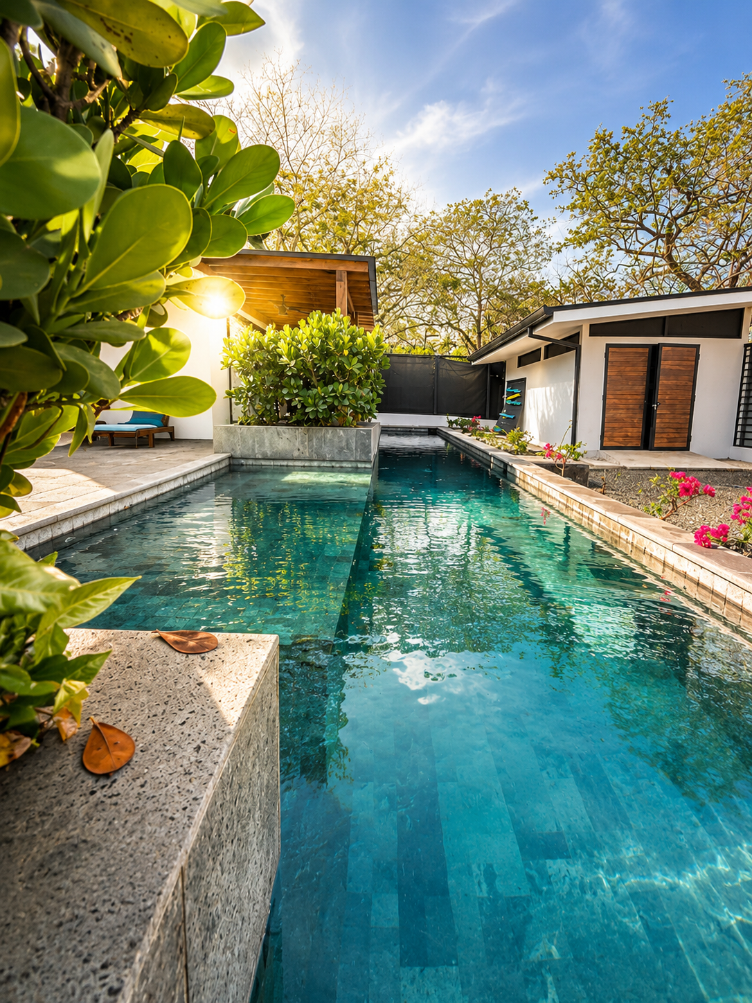 An outdoor backyard with a swimming pool surrounded by plants and trees, with a house and a sunny sky in the background.