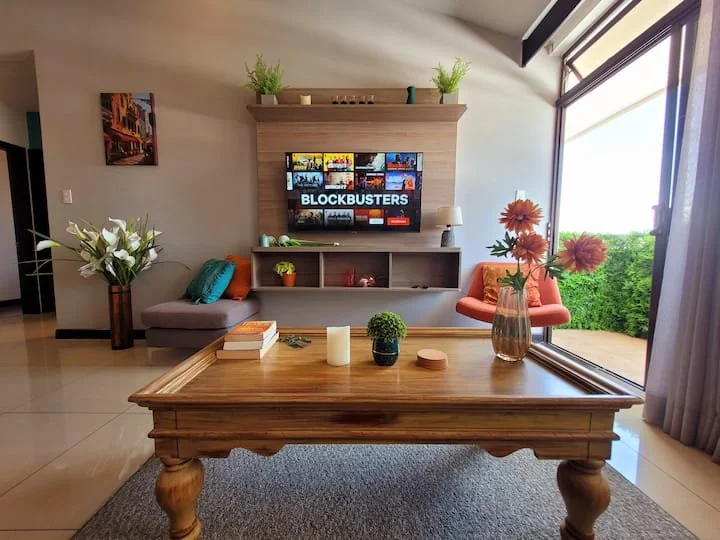 Living room with a wooden coffee table, flowers in a vase, and a TV screen showing 'Blockbusters,' with seating and plants near a large window.
