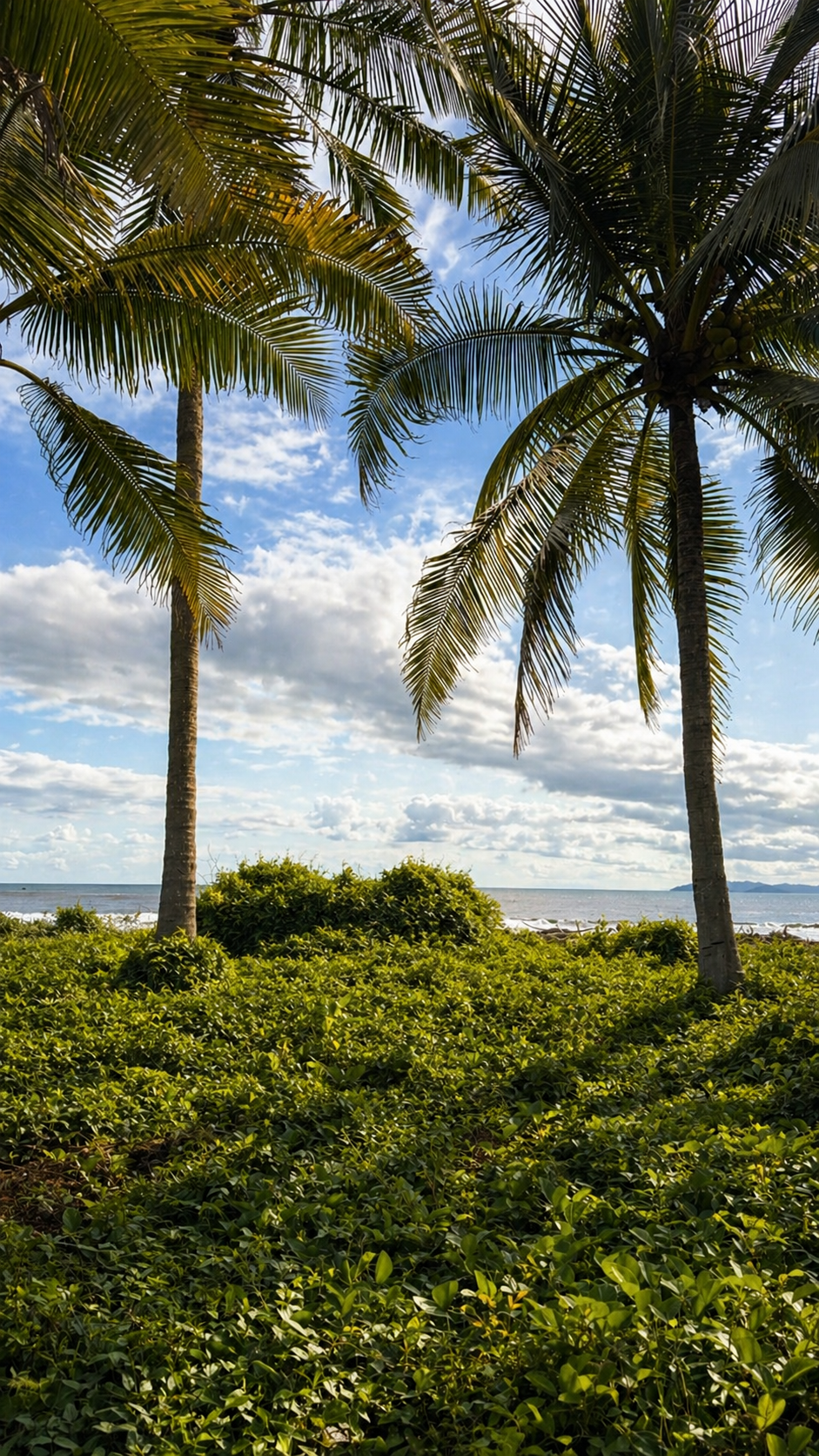 Palm trees on a beach with green shrubbery in the foreground, blue sky with clouds, and ocean in the background.