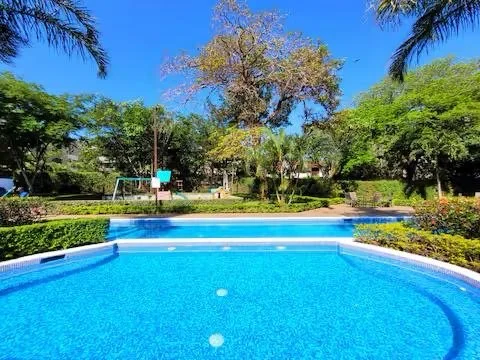 Swimming pool in a backyard surrounded by trees and bushes under a clear blue sky.