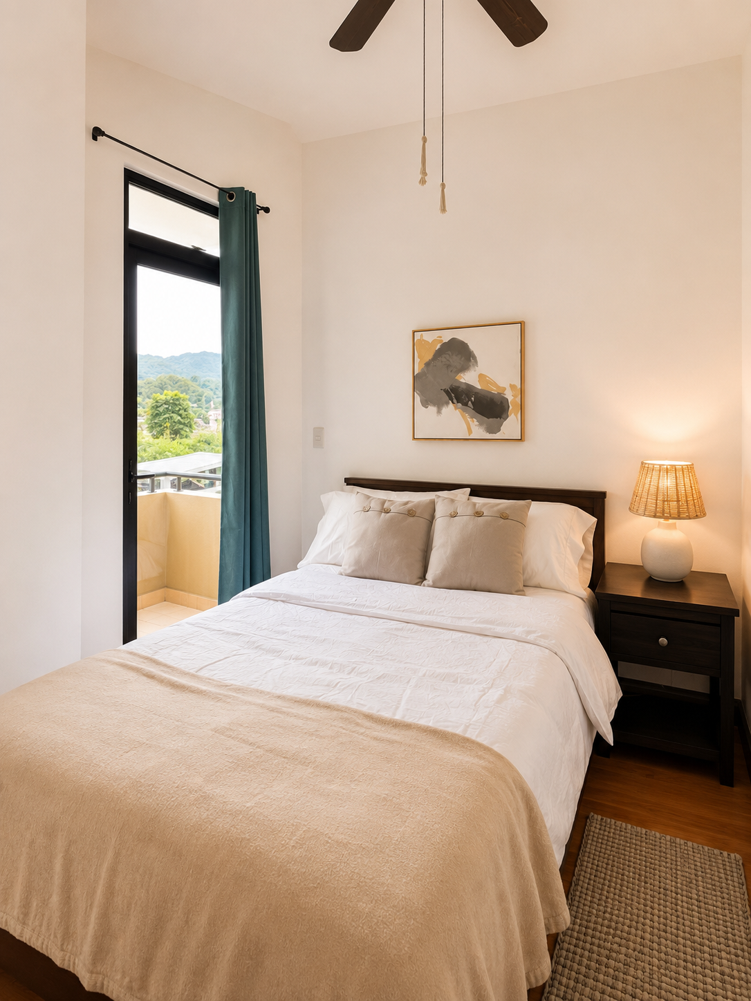 A cozy bedroom with a queen-sized bed, beige blanket, white and beige pillows, a dark wood headboard, a nightstand with a lamp, artwork above the bed, and a sliding glass door with teal curtains leading to a balcony showing a scenic mountain view.