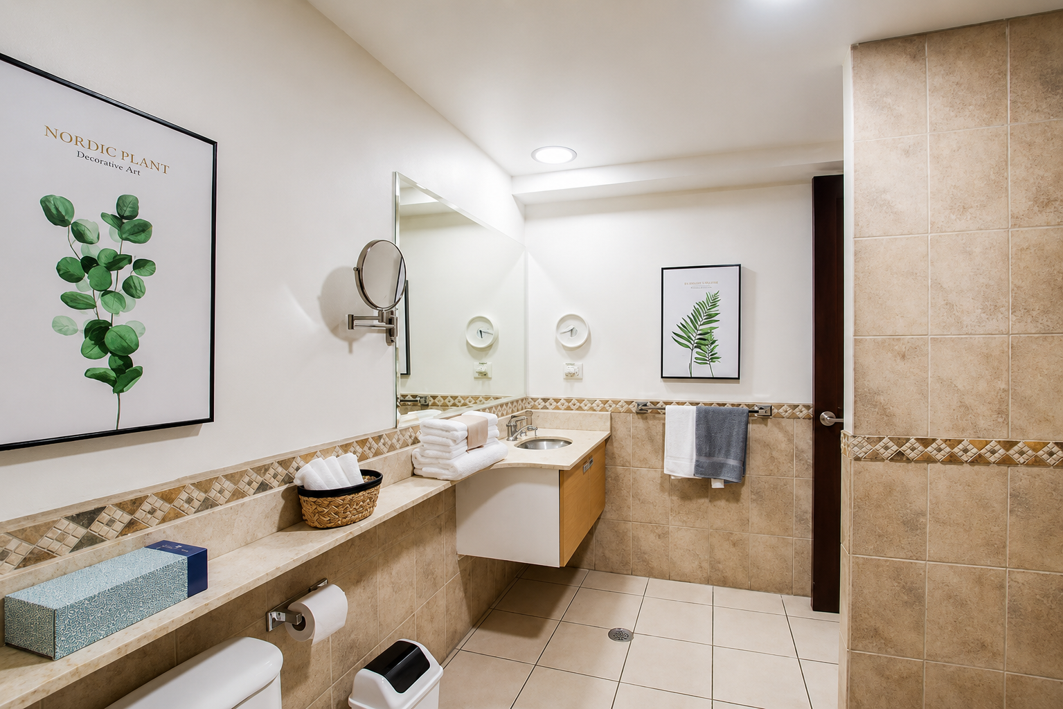 Clean and well-lit public restroom with beige tile walls, a large mirror, a countertop with folded towels, a small sink, framed botanical artwork, and a towel rack.