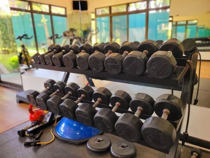 Rack of various-sized black dumbbells in a gym setting.