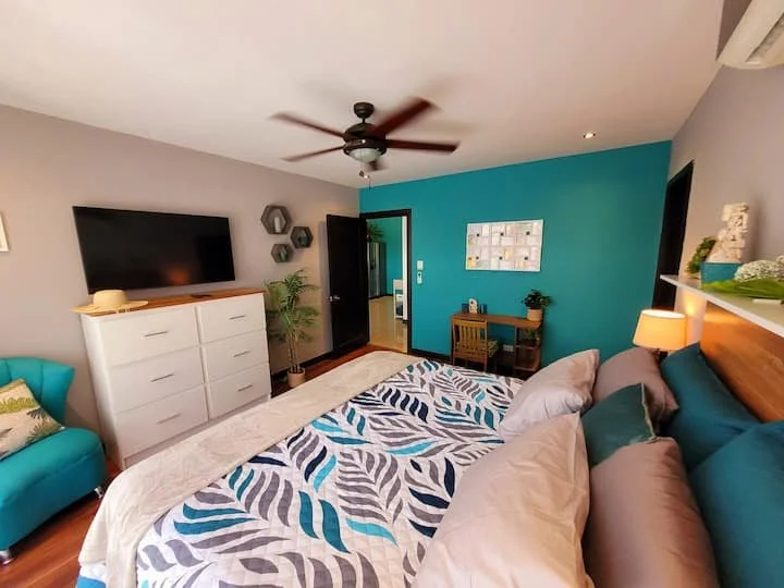 A bedroom with a bed, teal and beige pillows, a blue accent wall, a dresser with a TV, a turquoise armchair, a ceiling fan, a small wooden desk with plants, and decorative wall art.