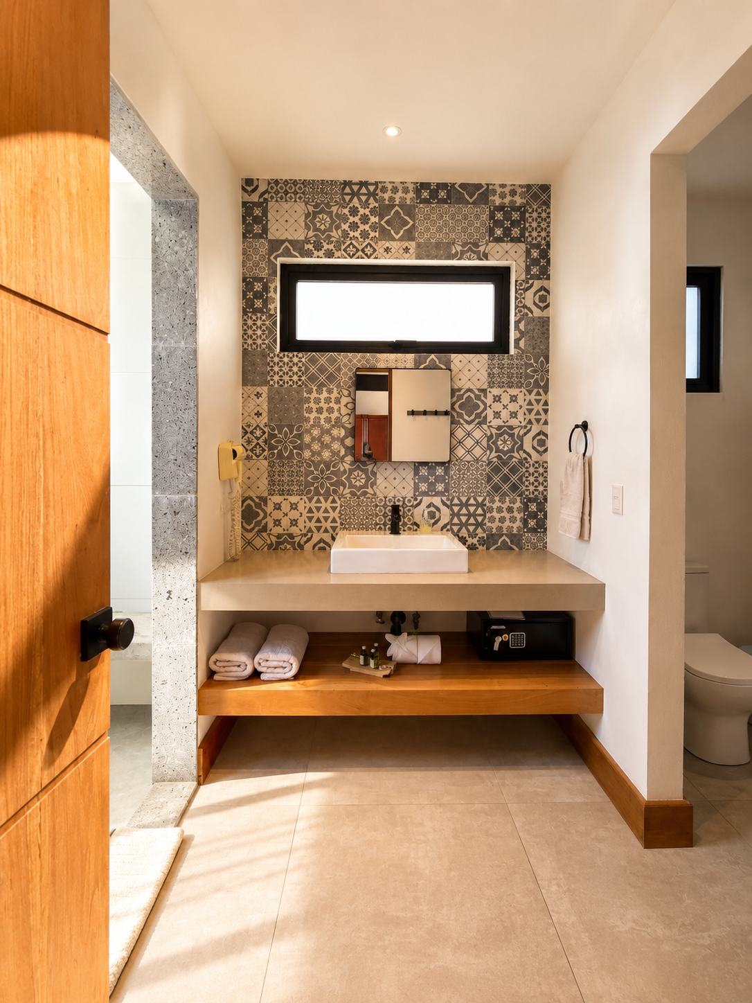 Modern bathroom with patterned tiled wall, white sink, large mirror, towel rack, towels, safe, and a window.