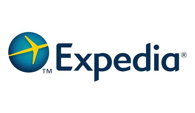Expedia logo with a blue globe and a yellow airplane, with the word 'Expedia' in blue text.