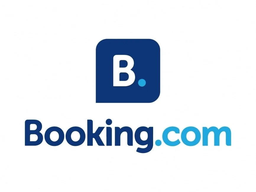 Booking.com logo with a dark blue square containing a white letter B and a blue dot, and the text "Booking.com" in dark blue and light blue.