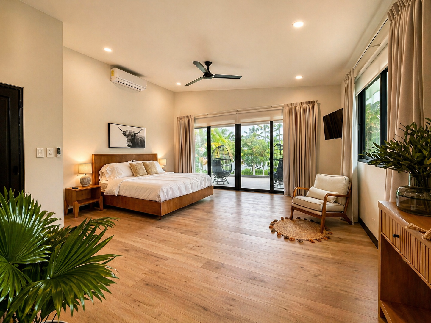 A spacious hotel room with a large bed, sliding glass doors leading to a balcony with hanging chairs, beige curtains, a wooden armchair, a flat-screen TV, and potted plants.