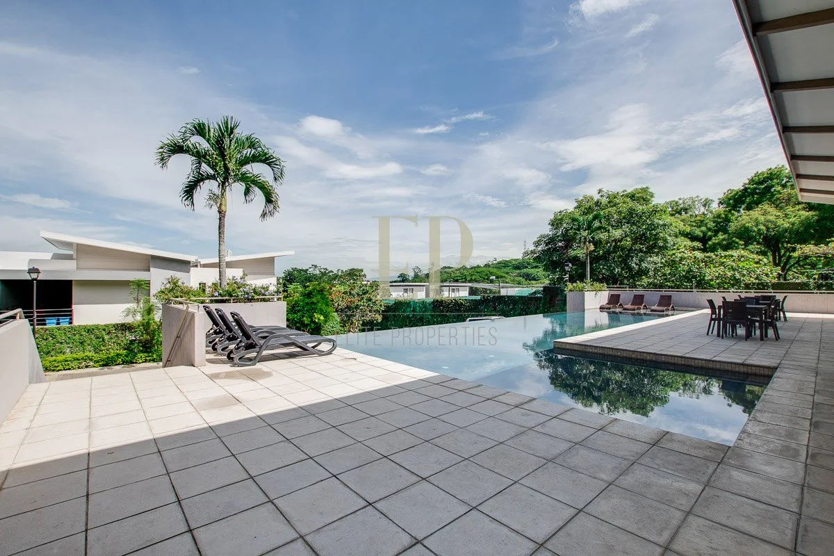Empty outdoor patio with lounge chairs, a dining table with chairs, and a swimming pool surrounded by greenery on a sunny day.