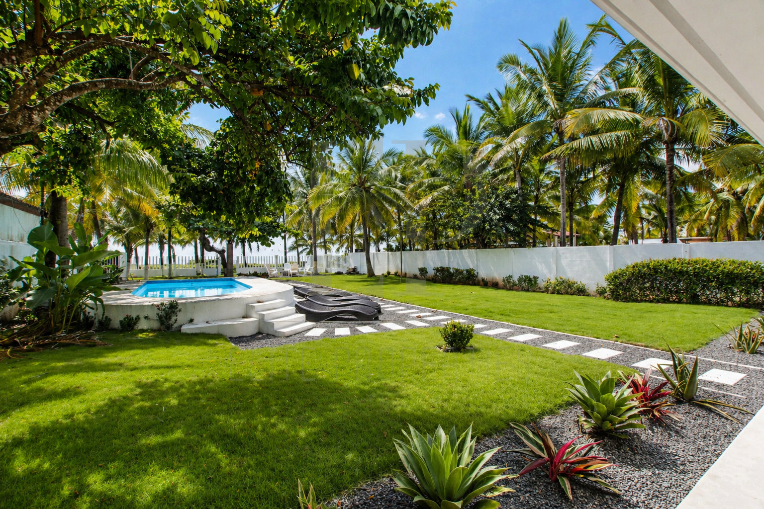 Lush tropical backyard with a small pool, palm trees, and manicured lawn under a blue sky.