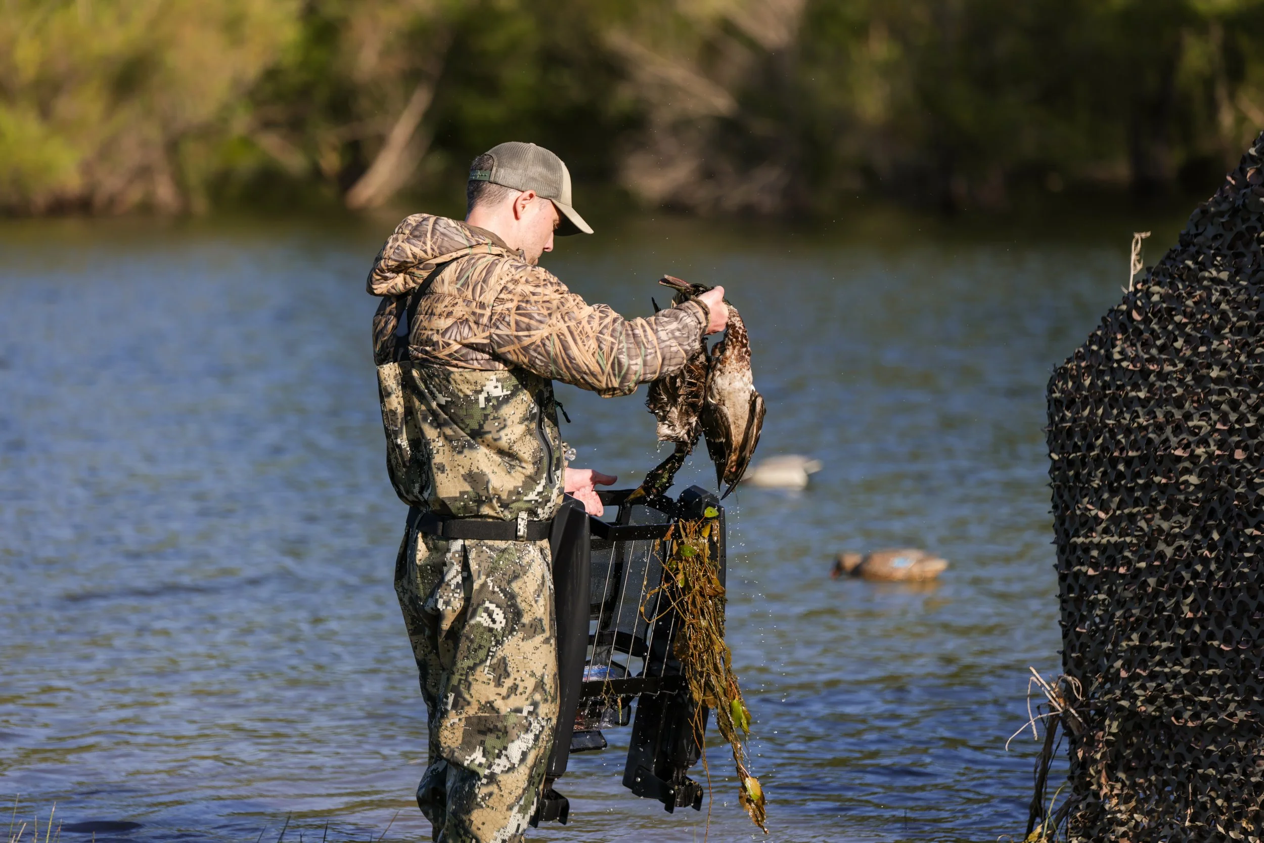 A man in camouflage clothing and a cap is fishing in a body of water, pulling a duck out of the collector of the Fetch Waterfowl Retrieval System